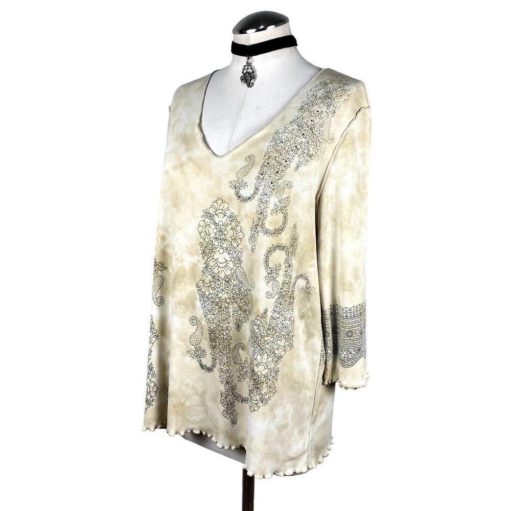 Avenue Vtg Y2K Rhinestone Paisley Lettuce Hem Summery Boho Hippie Sweater Top 2X - Picture 2 of 12
